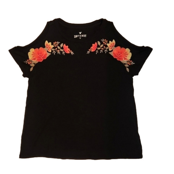 Womens American Eagle black floral embroidered cut out shoulders top size Small. - Picture 8 of 14